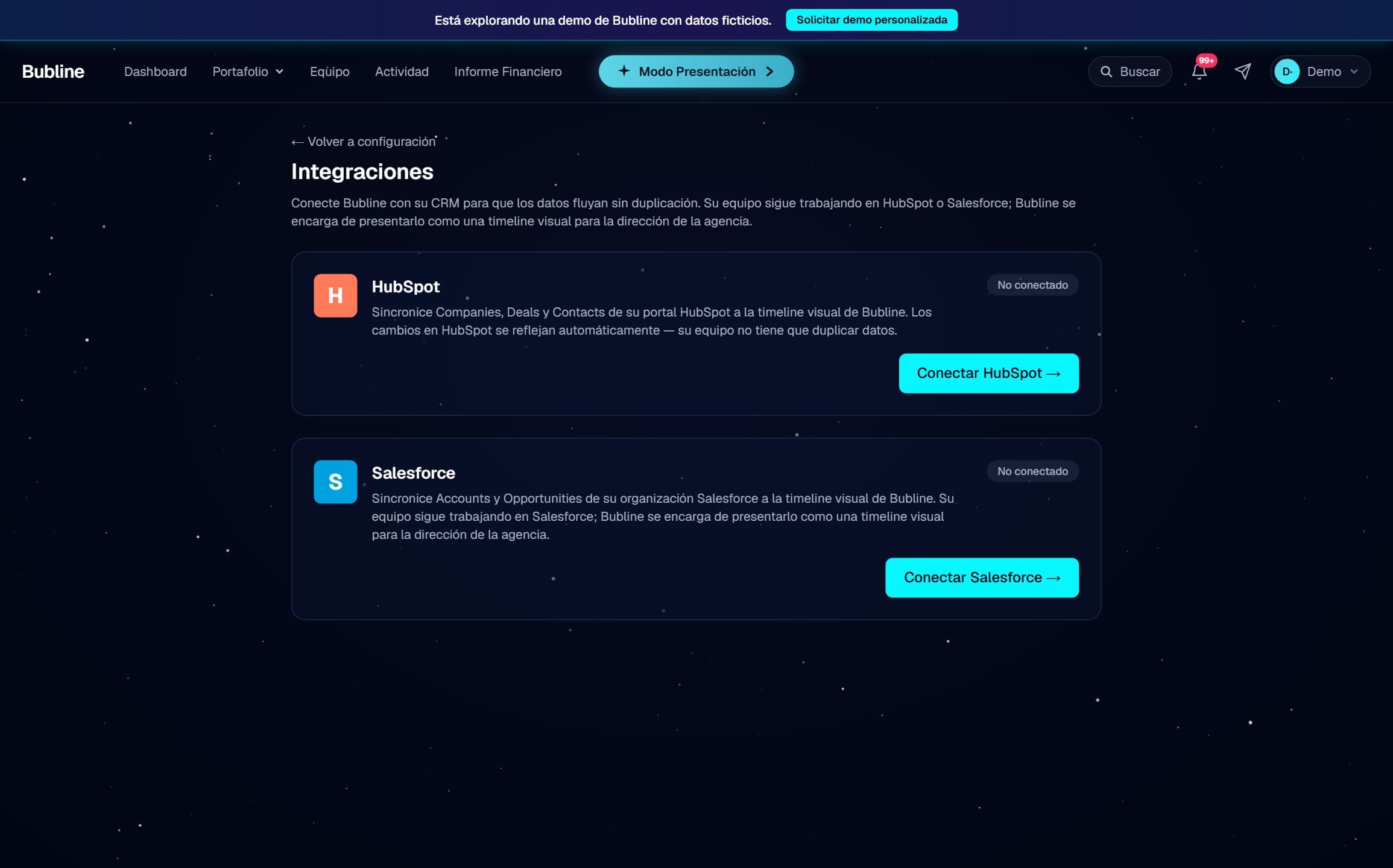 Pantalla de integraciones de Bubline con HubSpot y Salesforce, cada uno con su botón de conectar.